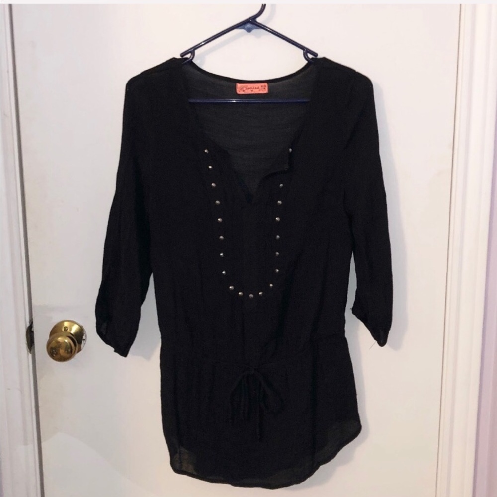 Black Studded V-Neck Peasant Blouse M